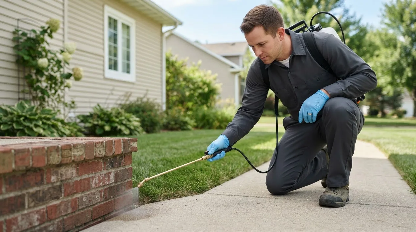Pest control technician treating a home near Portland, OH