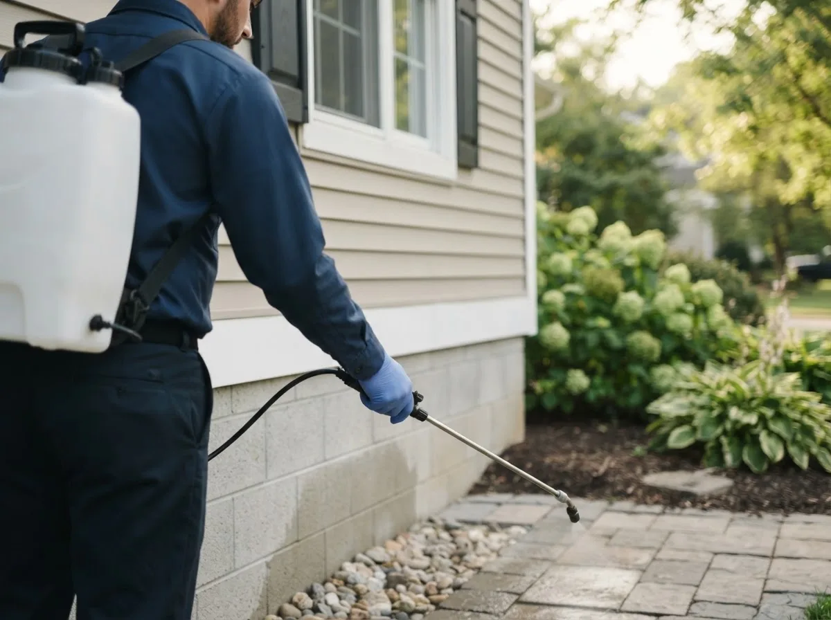 Pest control technician inspecting a home in Portland, OH